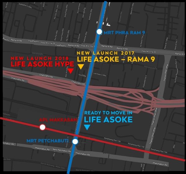 แผนที่เปรียบเทียบคอนโดมิเนียม ย่านอโศก Life Asoke, Life Asoke Rama 9 และ Life Asoke Hype
